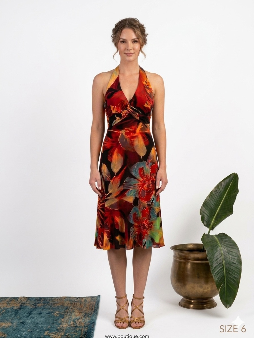 Cache Y2K Halter Dress Floral Tropical Midi Lined Sz 6 EUC Vintage
